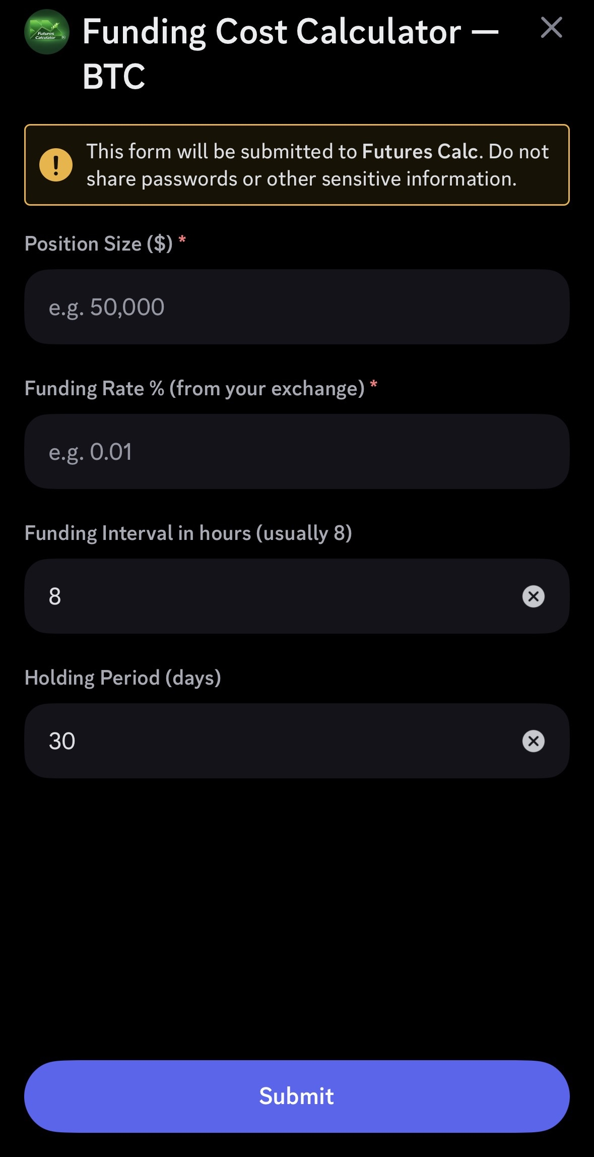 Funding cost calculator modal for BTC perpetuals