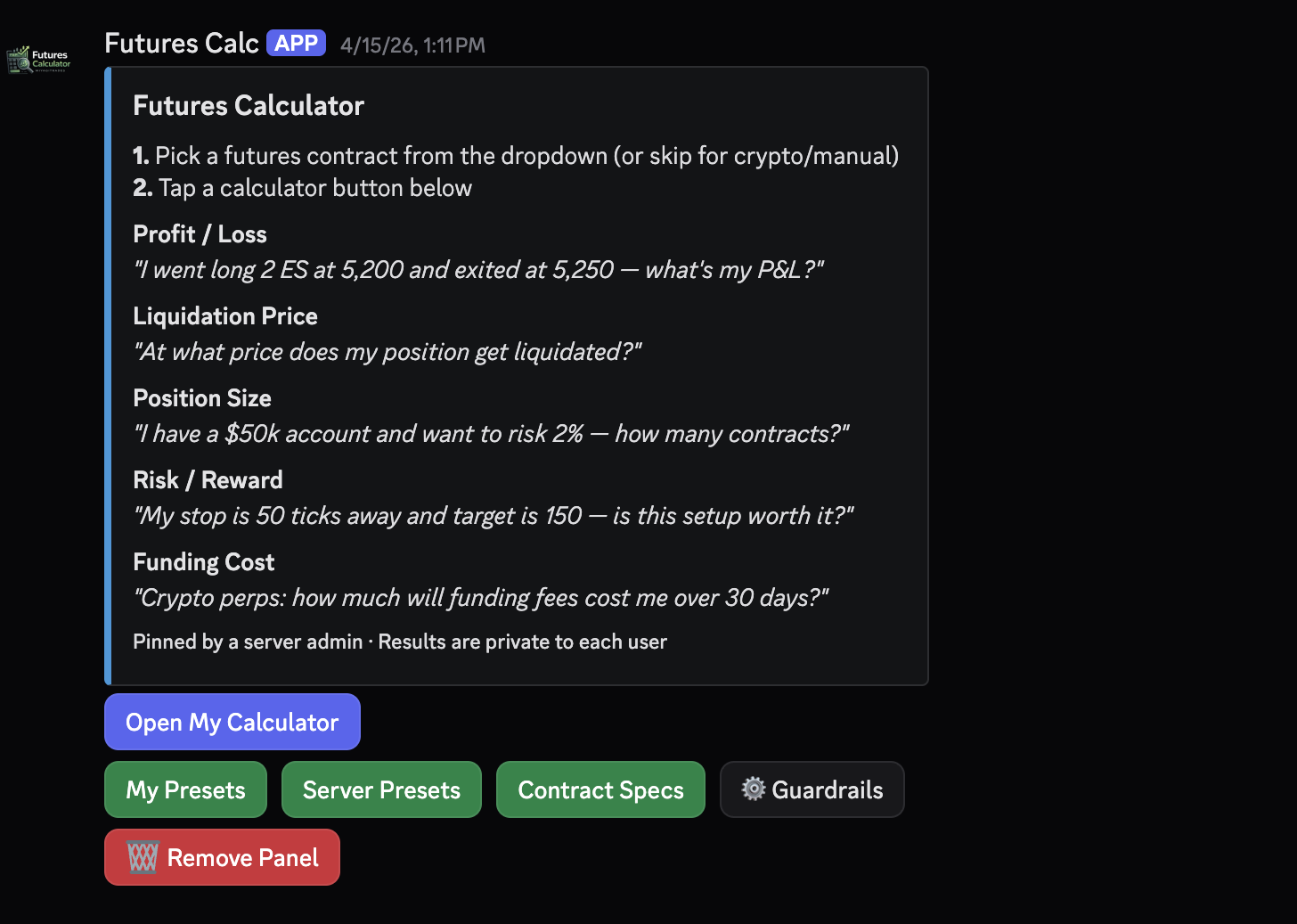 Pinned calculator panel in a Discord channel